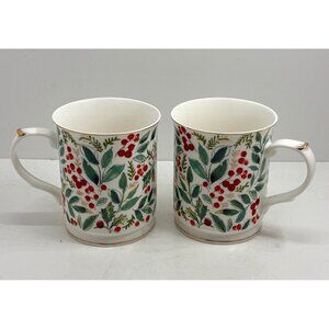 Grace's Teaware Green Leaf Holly Berries Gold Trim Set Two Mugs Porcelain